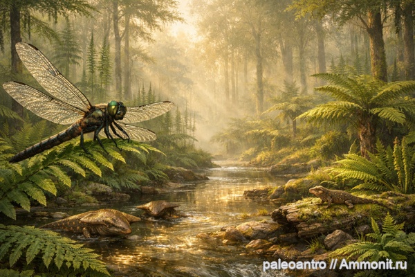 карбон, папоротники, Diplocaulus, хвощи, Meganeura, меганевра, раннии рептилии, ранние рептилии