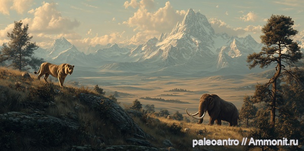 плейстоцен, Северная Америка, Американский лев (Panthera atrox), Колумбийский мамонт (Mammuthus columbi), AI