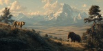 Плейстоценовые экосистемы AI: американский лев (Panthera atrox) наблюдает за мамонтом (Mammuthus columbi)